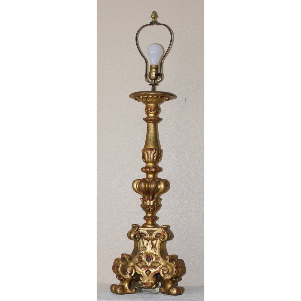 Baroque Italian Florentine Giltwood Pricket Alter Candlestick Table Lamp